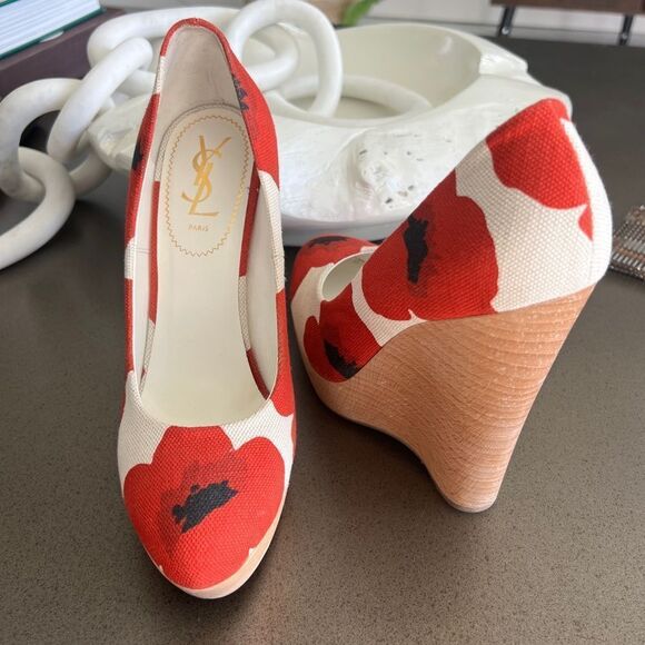 YSL Red Floral Canvas Wedge Heels - Size 40 - Picture 2 of 10